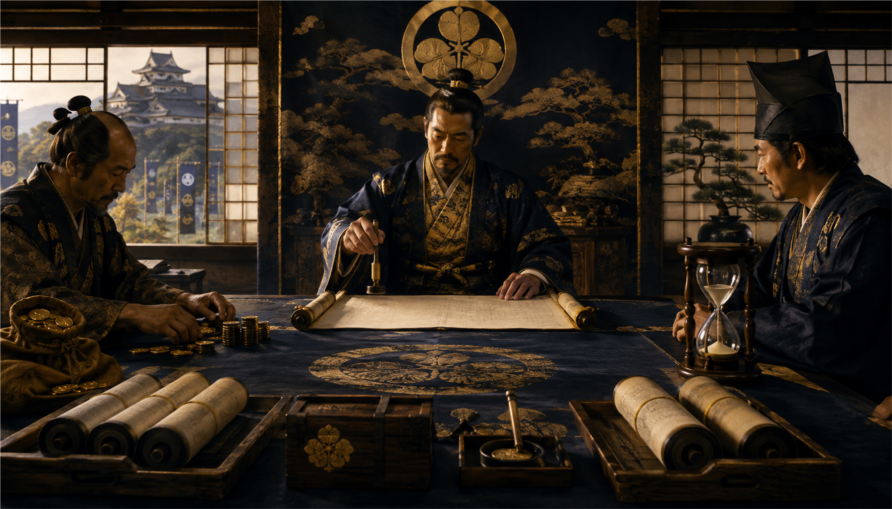 城内の評定で政策の基本を学ぶ武将たちのイメージ