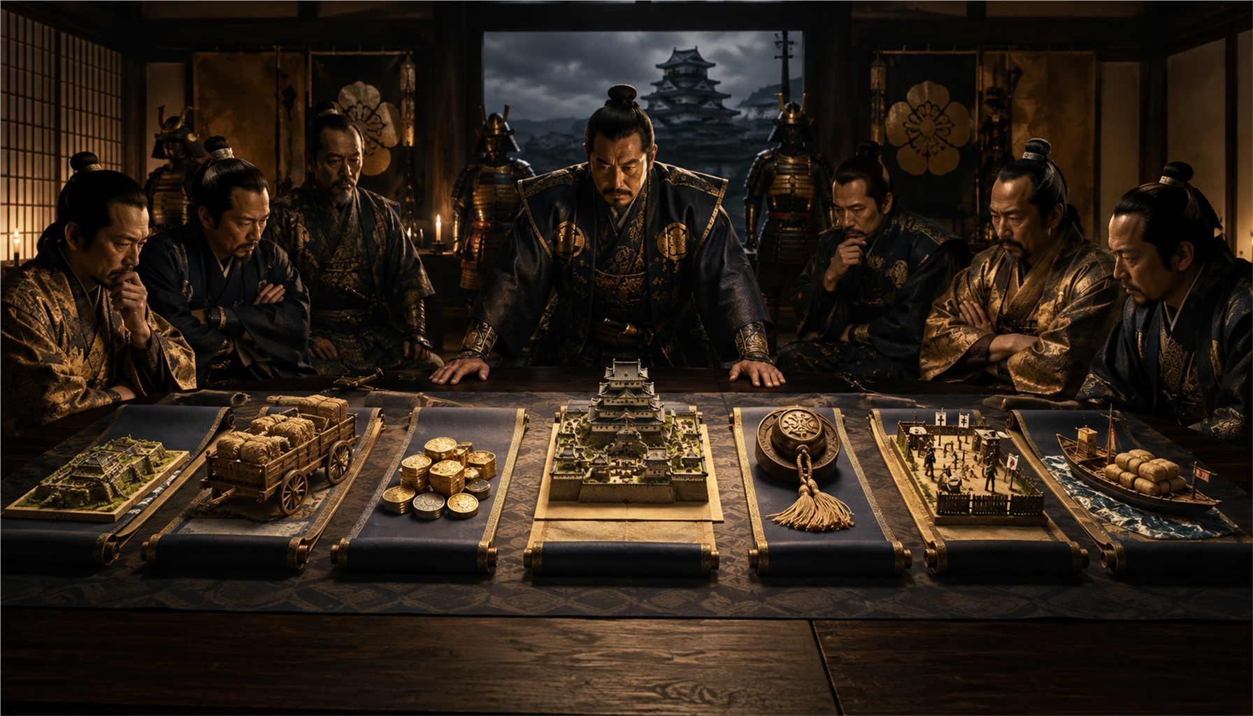 戦国武将が政策ランキングを検討するイメージ