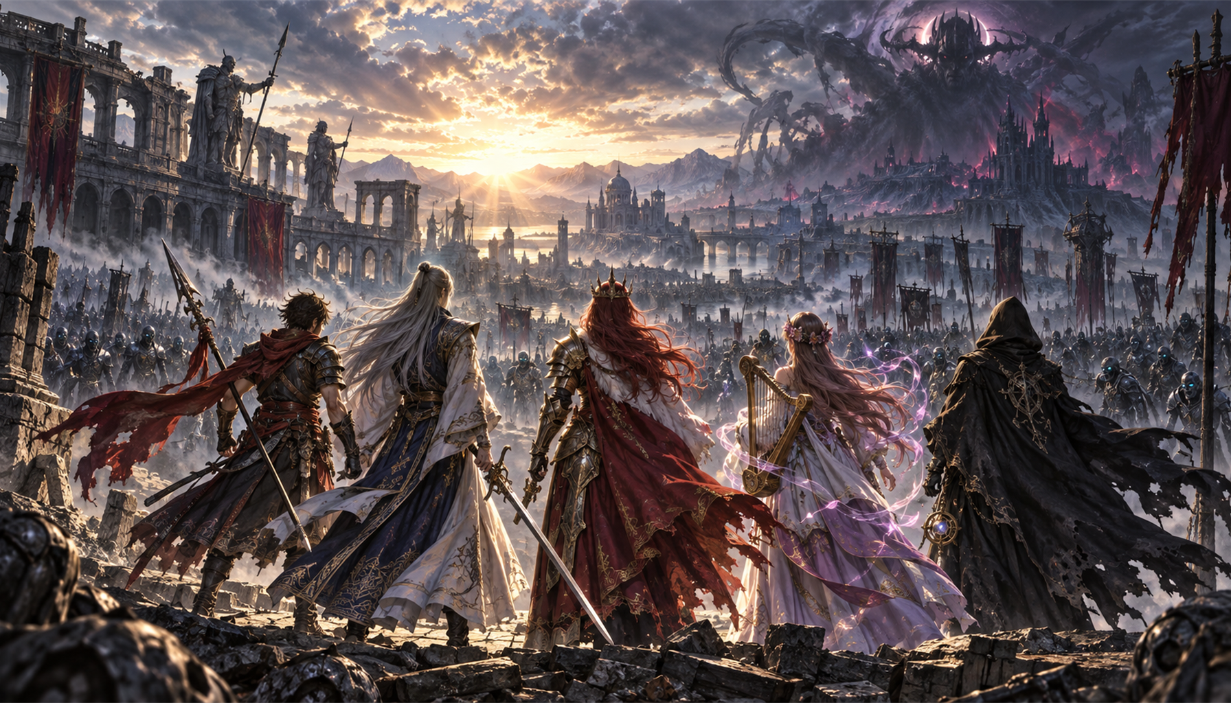 4人の戦士と救世主が未来へ進むイメージ