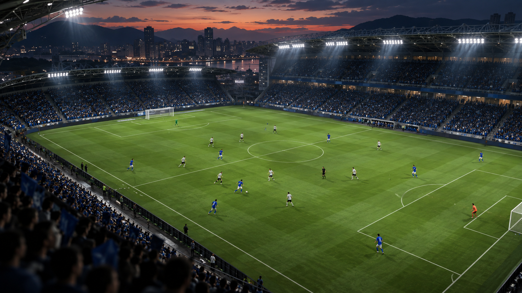 可変フォーメーションで攻守の配置を確認するサッカーの試合