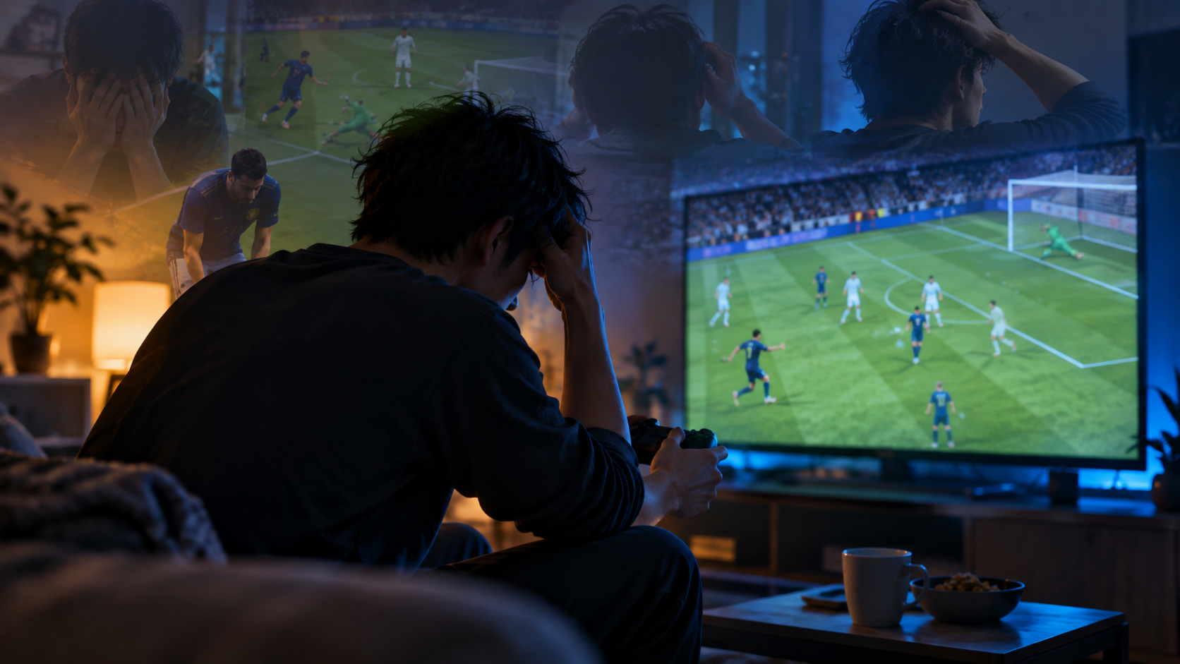 サッカーゲームの対戦中にイライラするプレイヤー