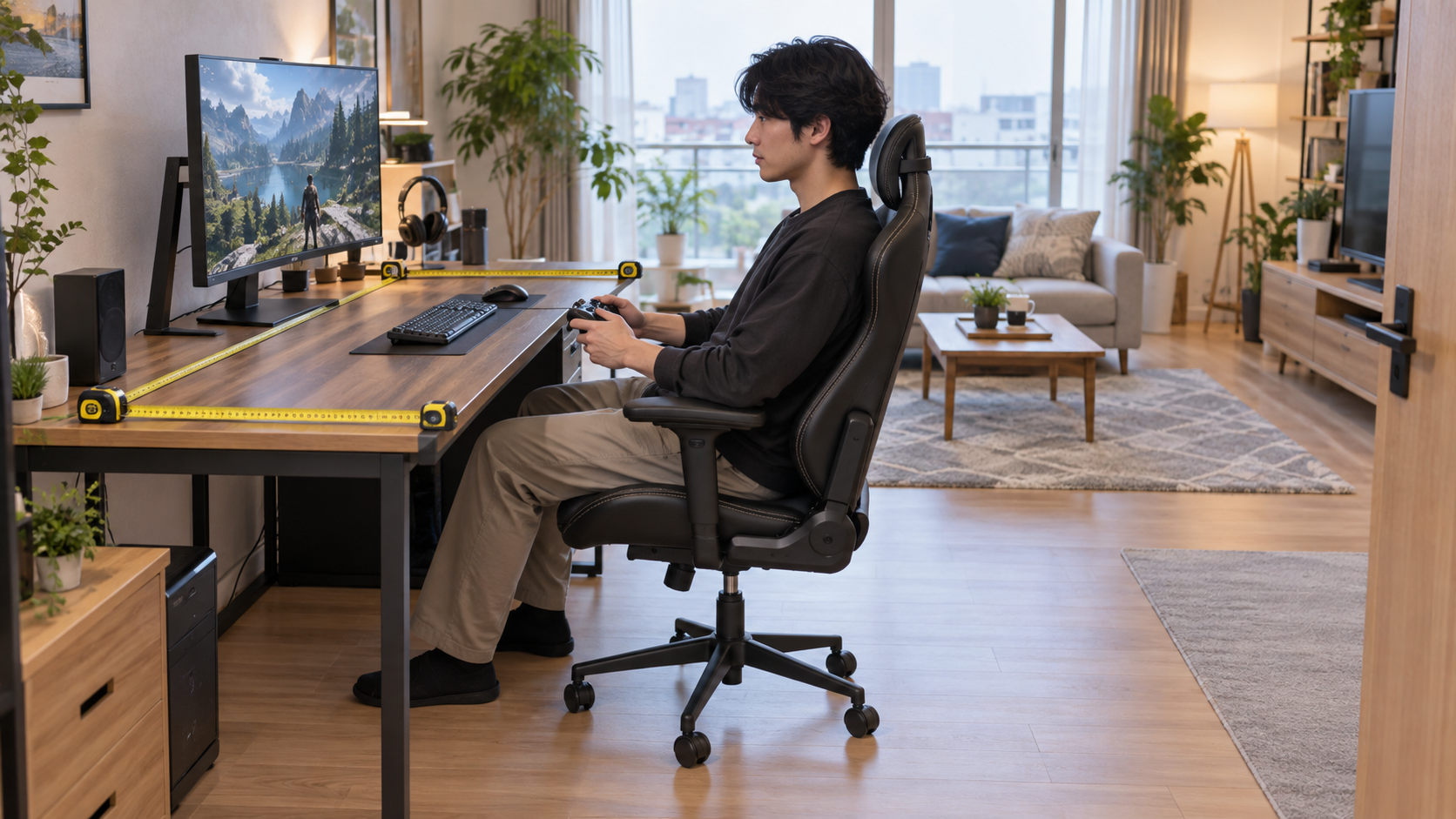 ゲームデスクの幅と奥行きと高さを確認する様子
