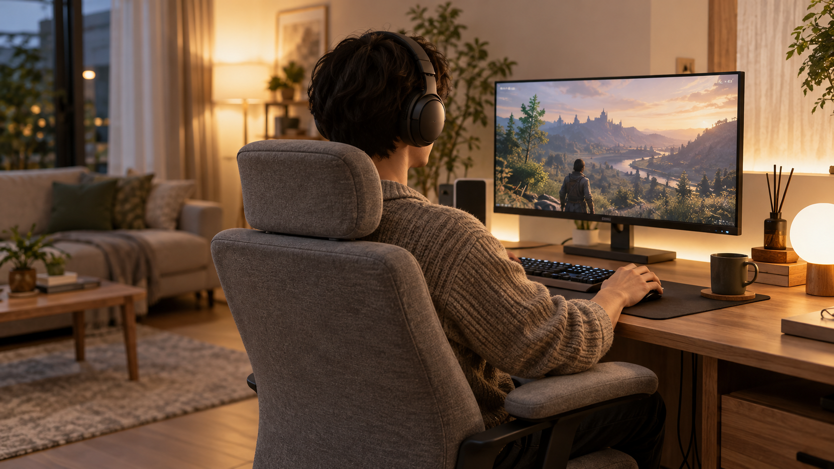 リビングのゲームデスクで快適に遊ぶ様子