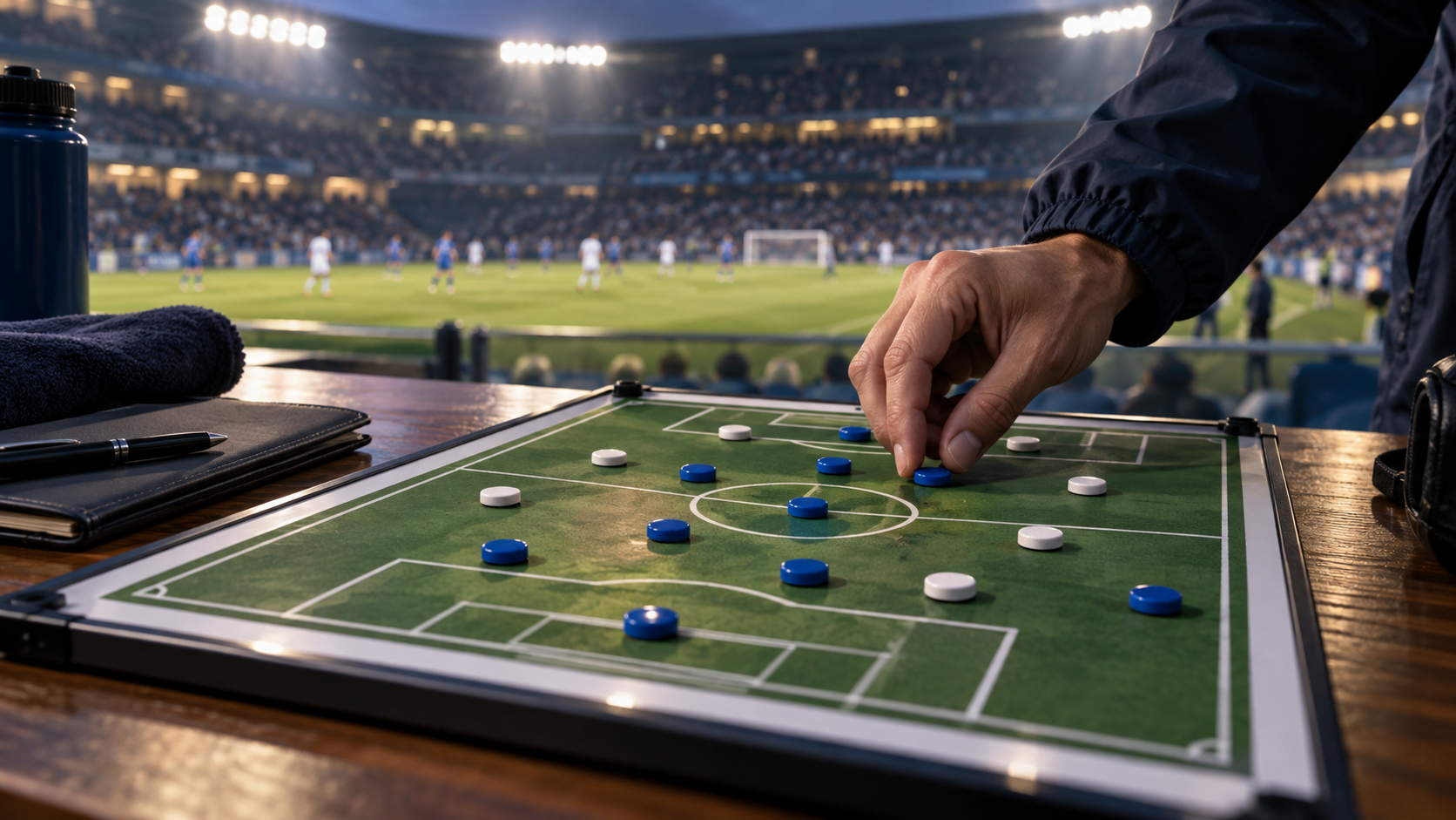 サッカーの戦術ボードで守備配置を見直す様子