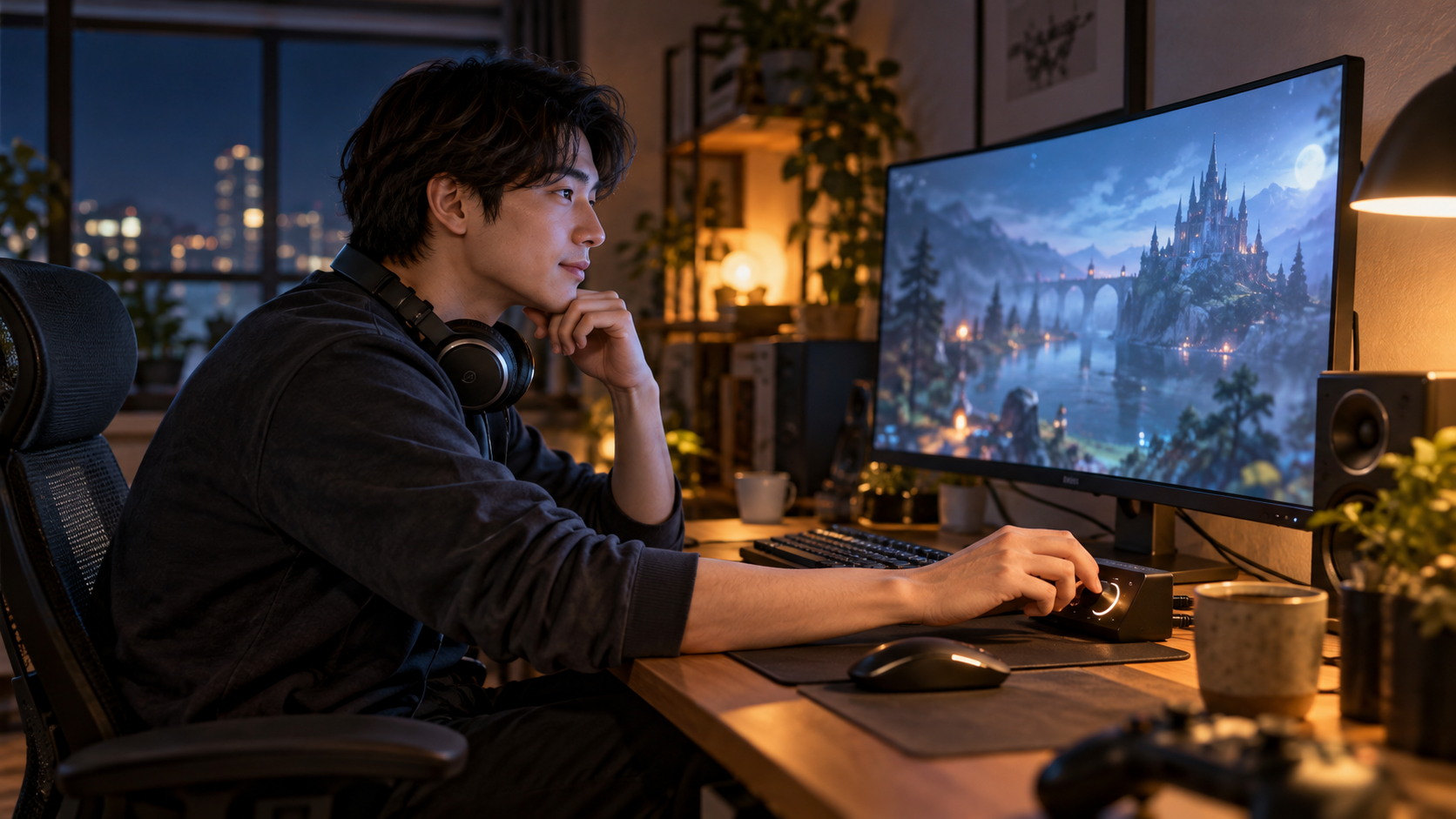 ヘッドセットを首に掛けてゲーム音量を確認するプレイヤー