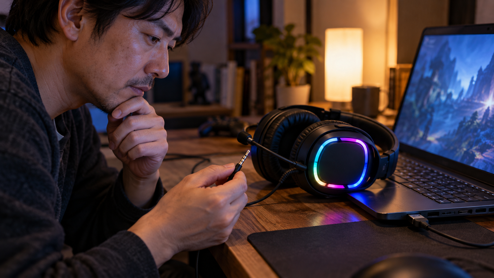 USB接続で光るヘッドセットと未接続の音声プラグを確認する手元