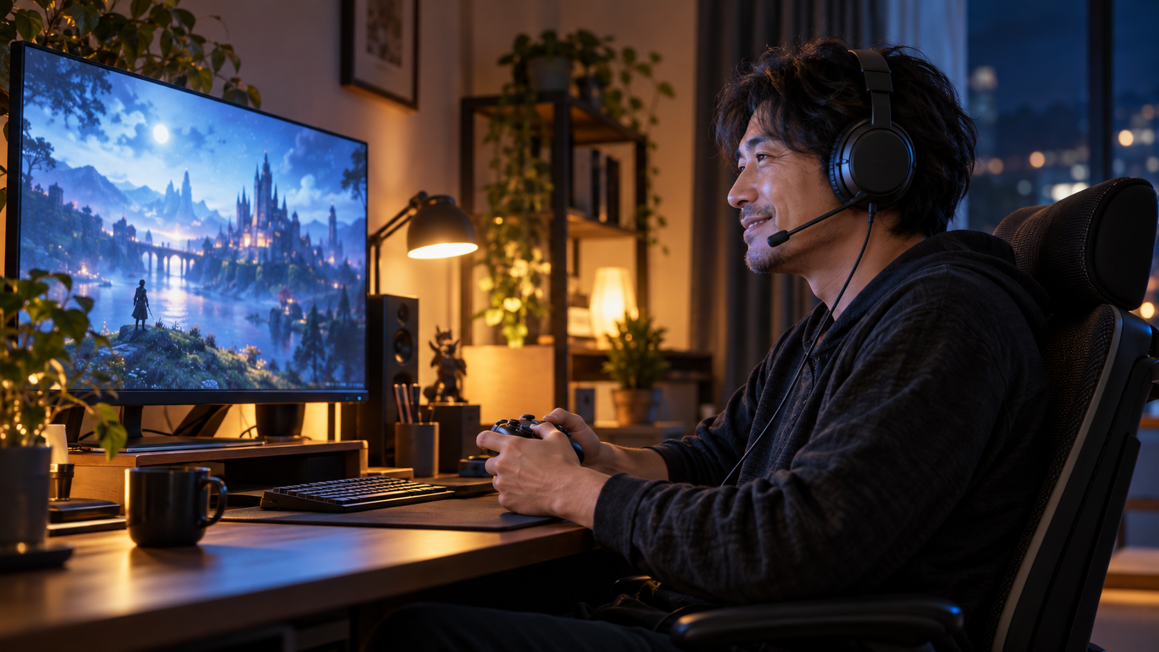 ヘッドセットでゲーム音とボイスチャットを楽しむプレイヤー