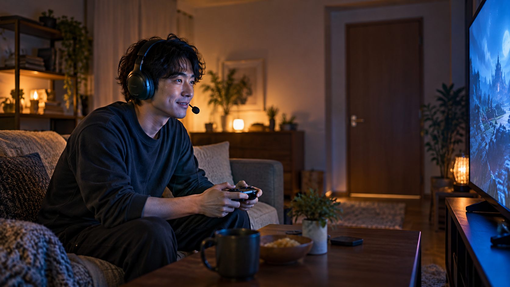 夜の静かなリビングでヘッドセットを着けて会話を楽しむプレイヤー