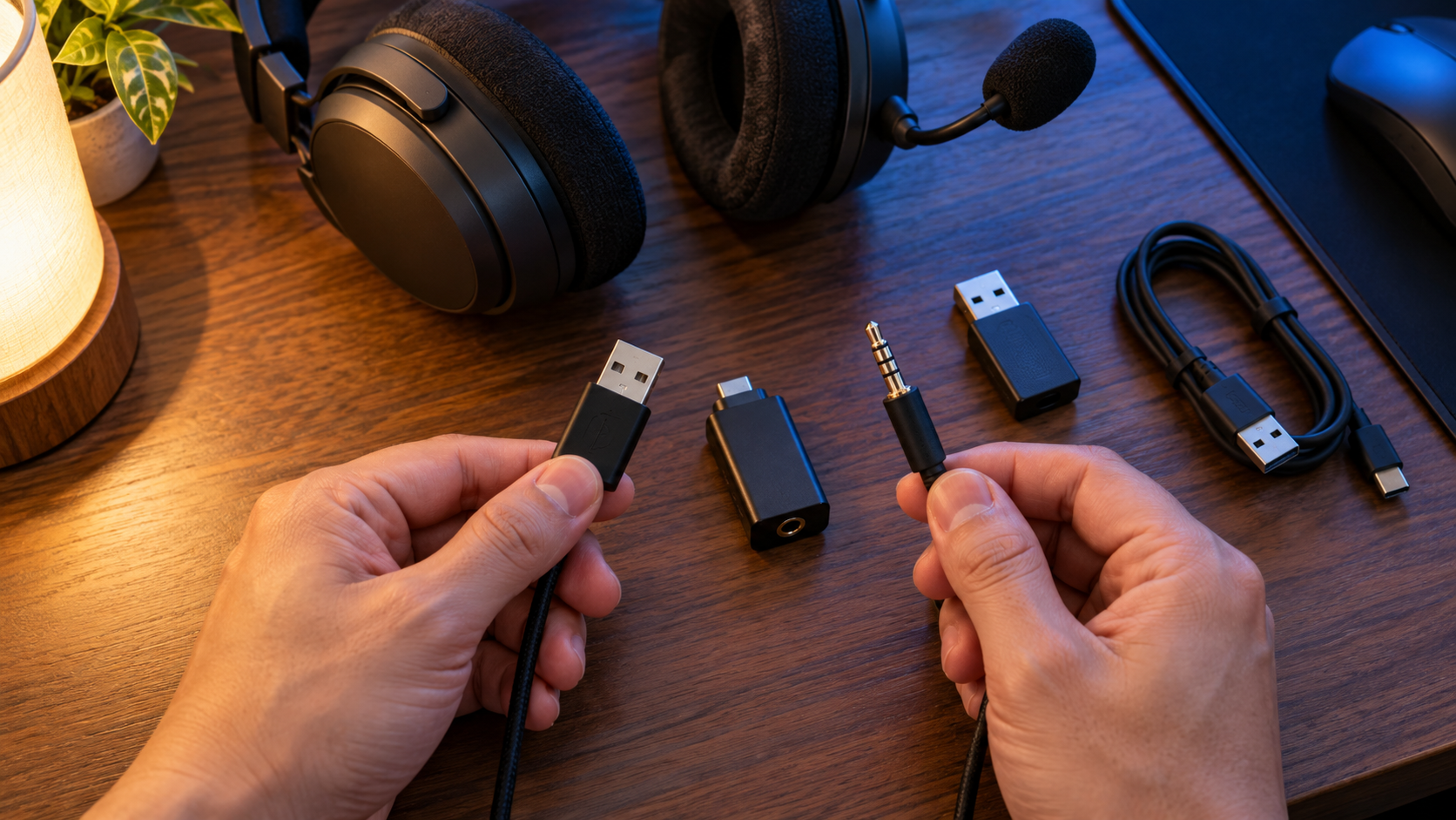 USBプラグ・3.5mm音声プラグ・USB音声変換・無線レシーバーを見比べるイメージ