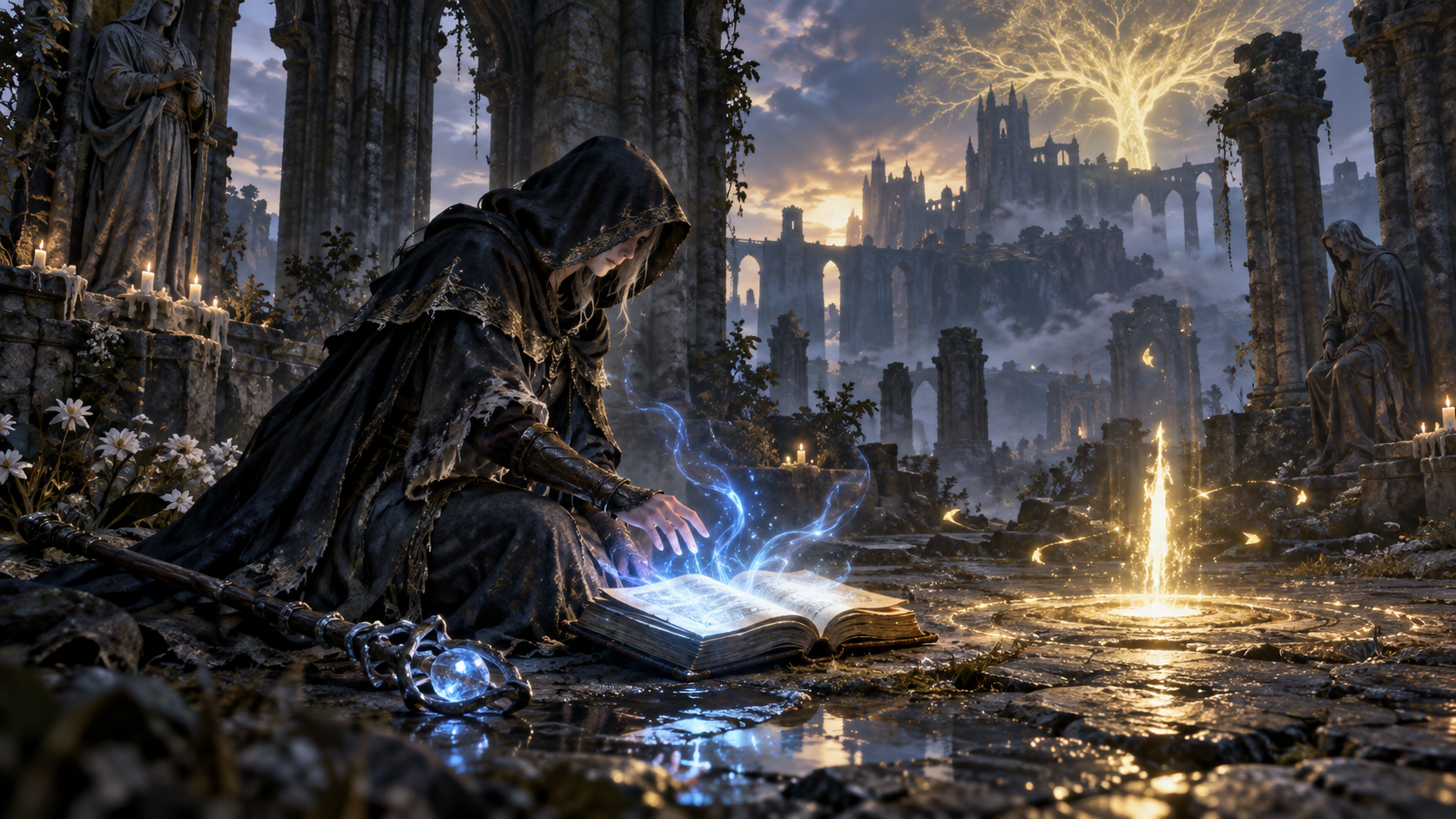 祝福のそばで魔法の準備をする魔術師