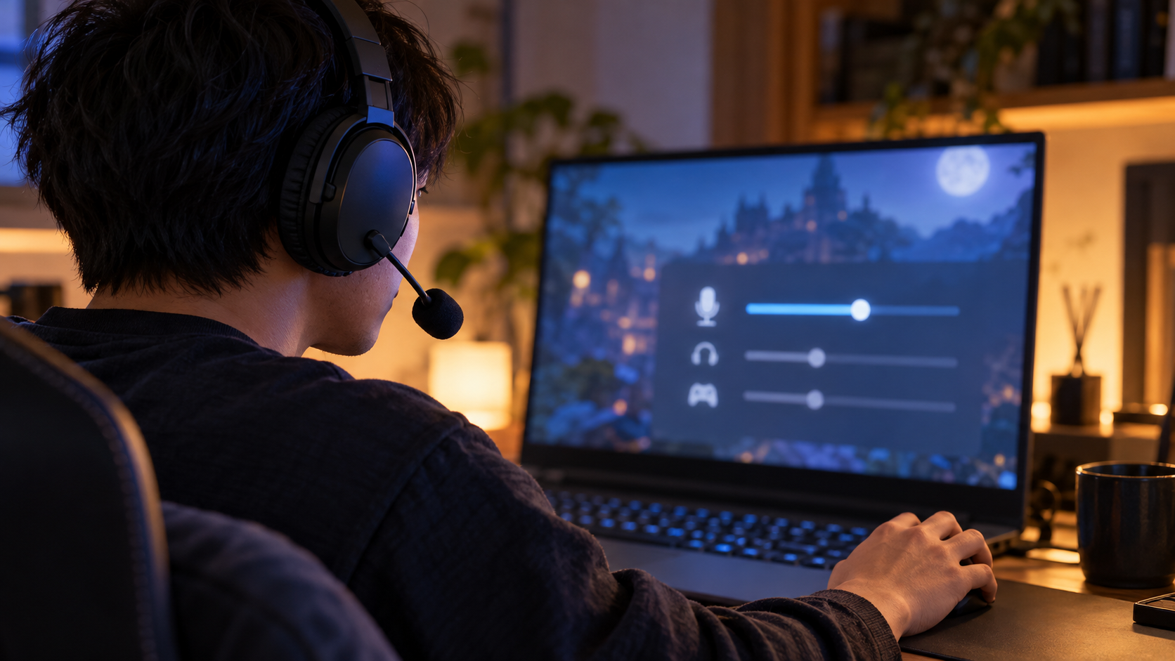 PCの音声設定でマイクモニターを調整するプレイヤー