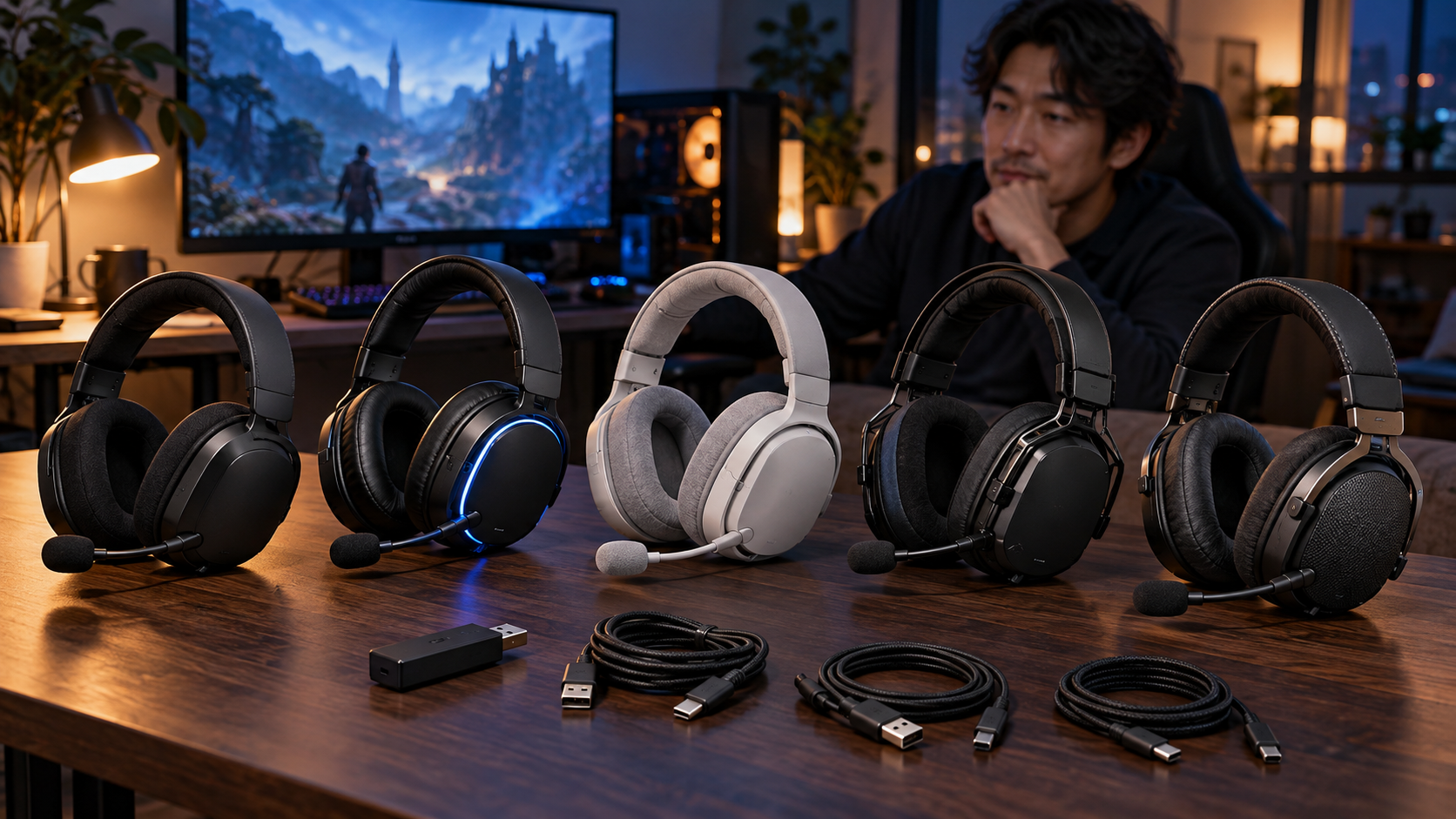 USB音声接続で比較する5台のヘッドセットと変換アダプターのイメージ