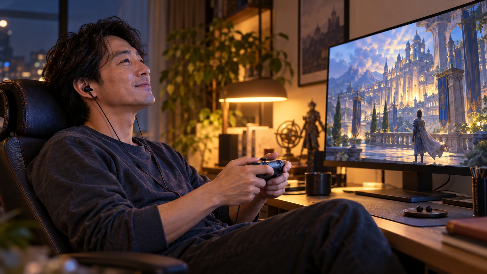 有線イヤホンでRPGの音楽を楽しむプレイヤーのイメージ