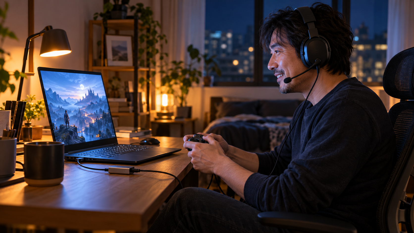 USBと音声ケーブルの接続を整えてゲームを楽しむプレイヤー