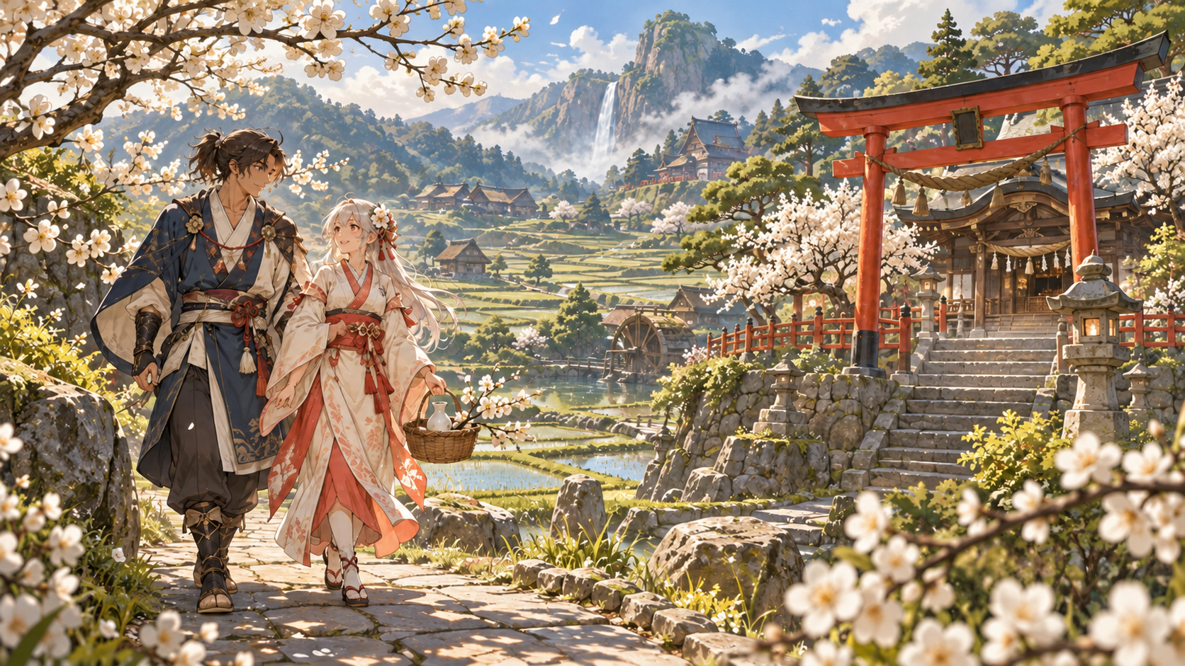 結婚に向けた準備を整え二人で里の神社へ向かうイメージ