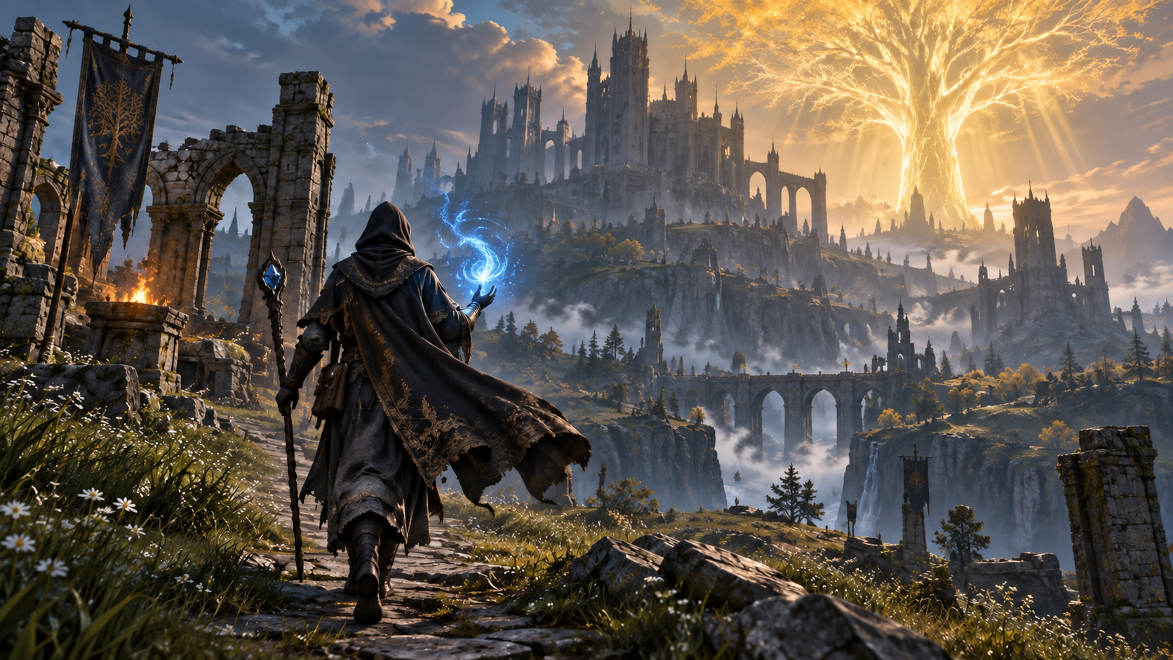 杖を携えて魔法の冒険を続ける風景