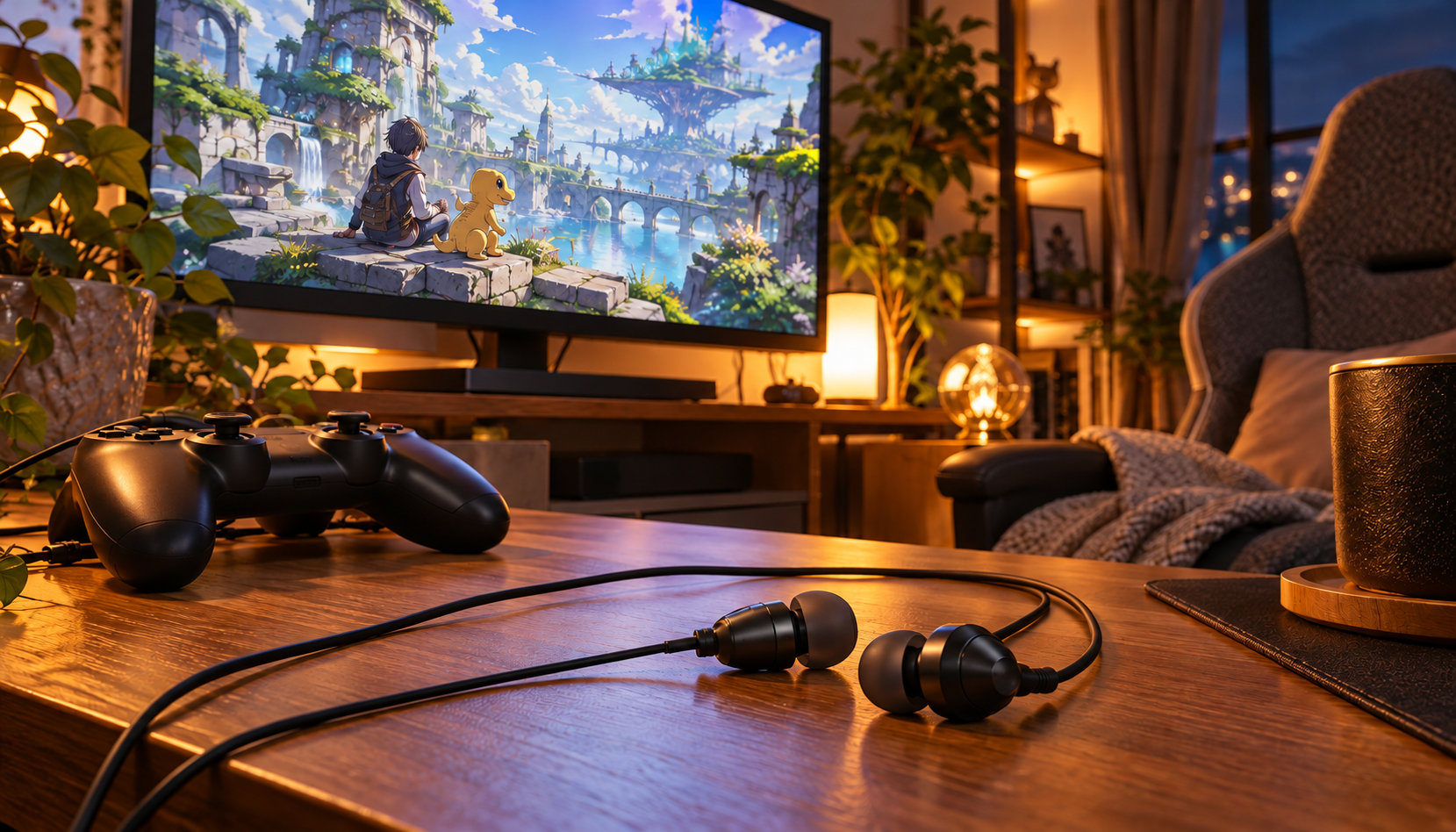 育成RPGを映したモニターと有線イヤホンを置いた落ち着いたゲームデスク