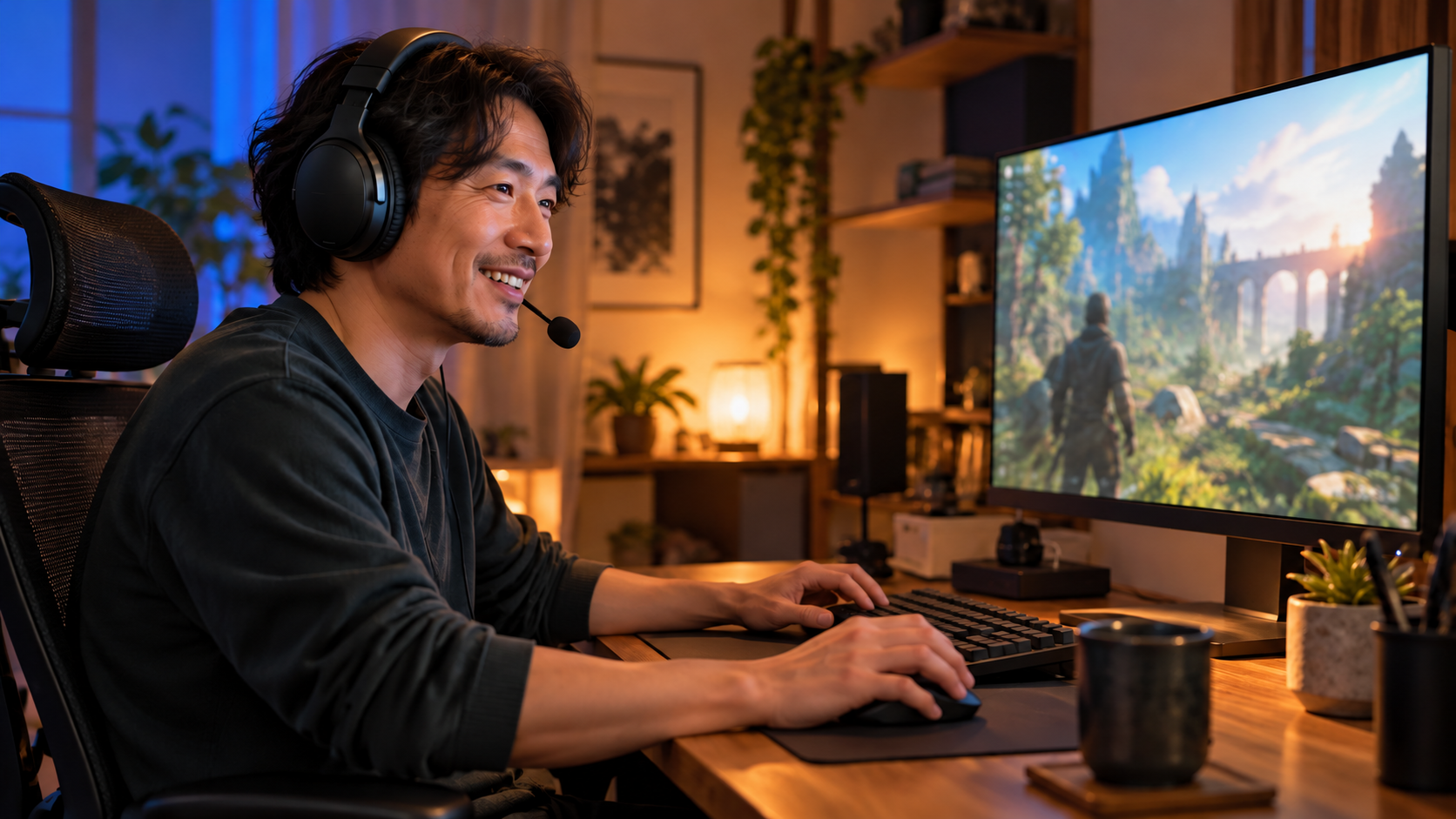 ゲーム音と通話を聞きながら快適に遊ぶプレイヤーのイメージ