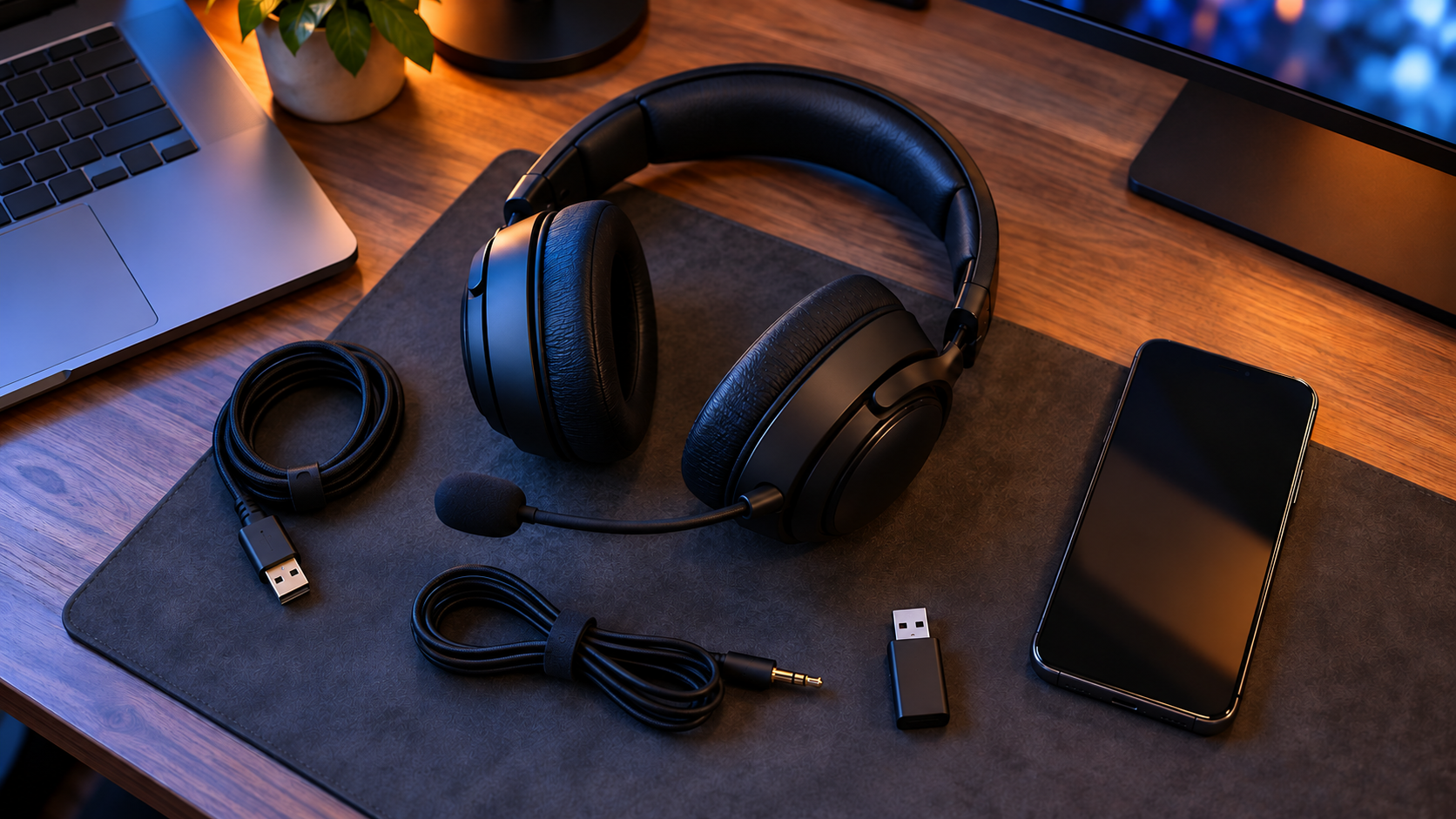 ヘッドセットとUSB・3.5mmケーブルなど接続方法のイメージ