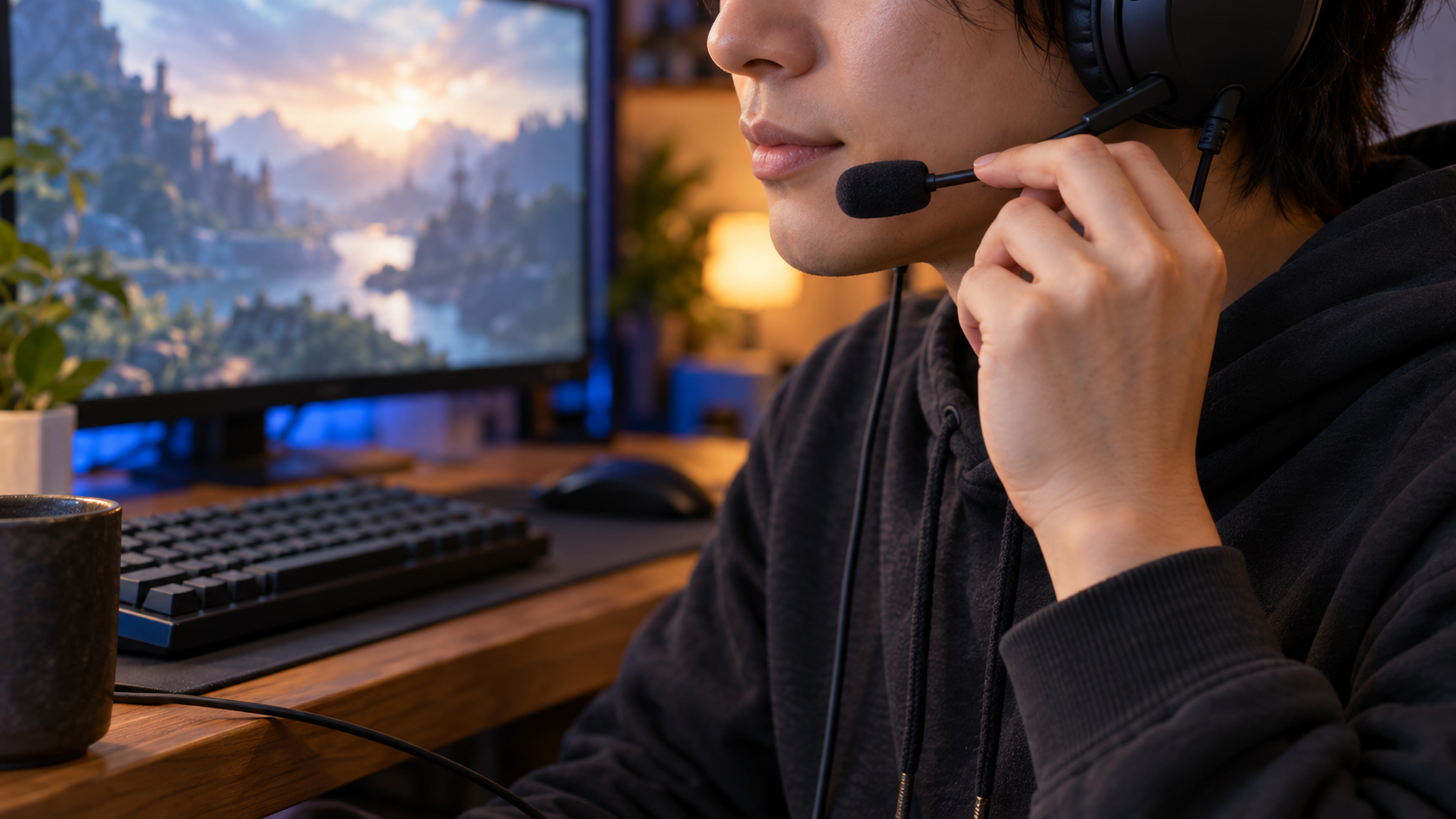 ヘッドセットのマイク位置を口元で確認する手元のイメージ