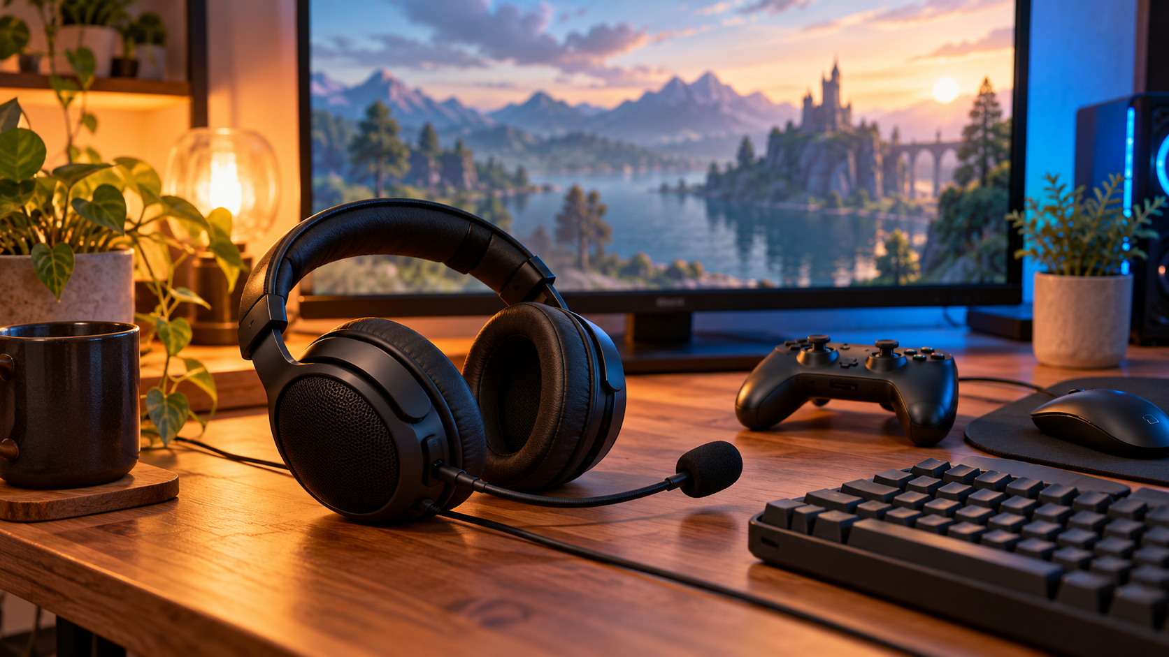 マイクと接続を整えて快適にゲームを楽しむデスクのイメージ