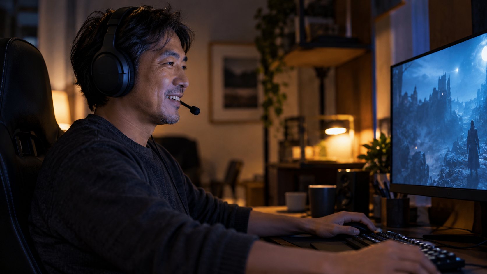 ヘッドセットを着けて落ち着いた声でゲーム通話を楽しむ様子