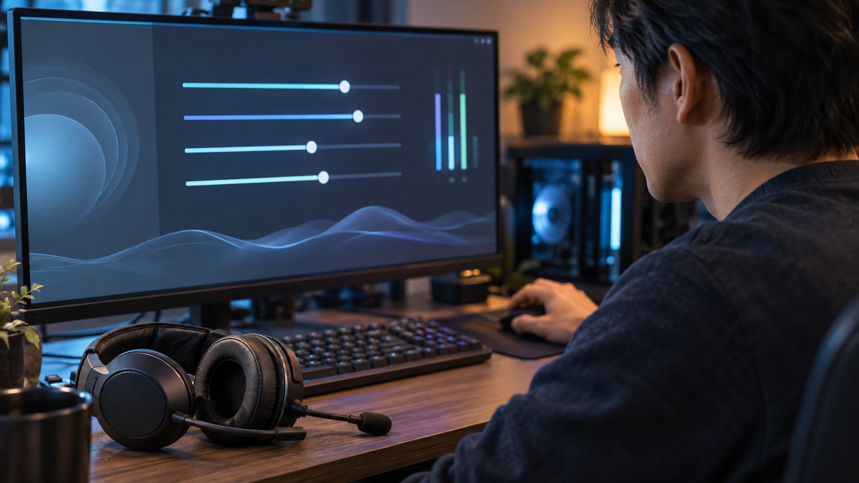 PCでマイクのモニター設定を見直す様子