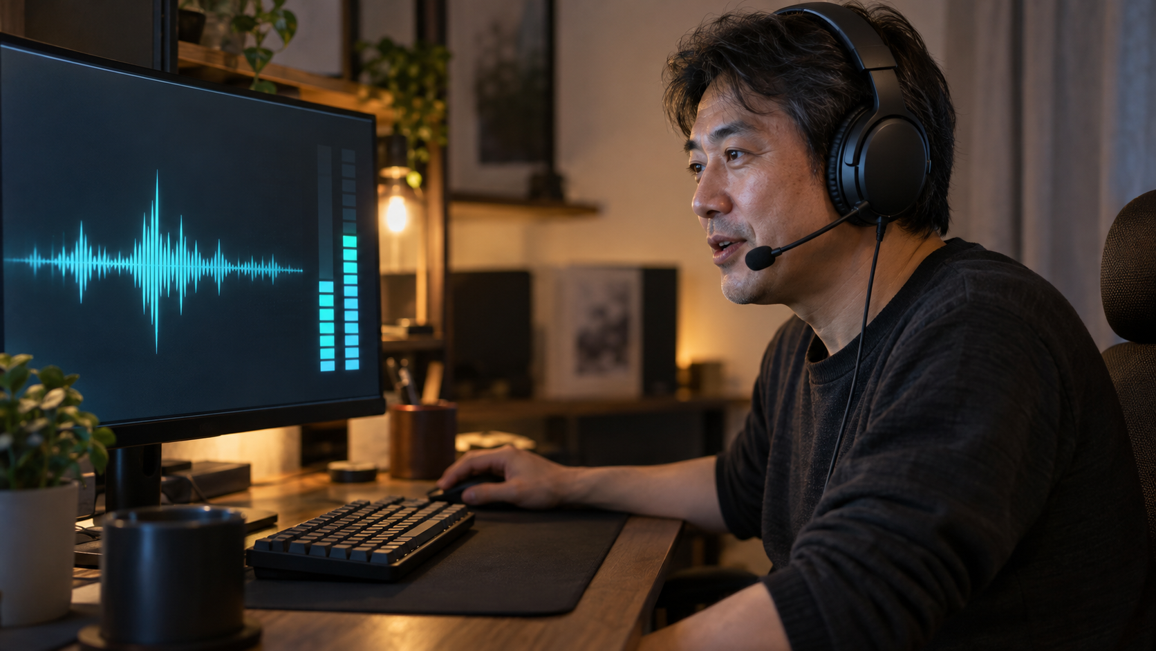ヘッドセットのマイクで普段の声をテストするプレイヤー