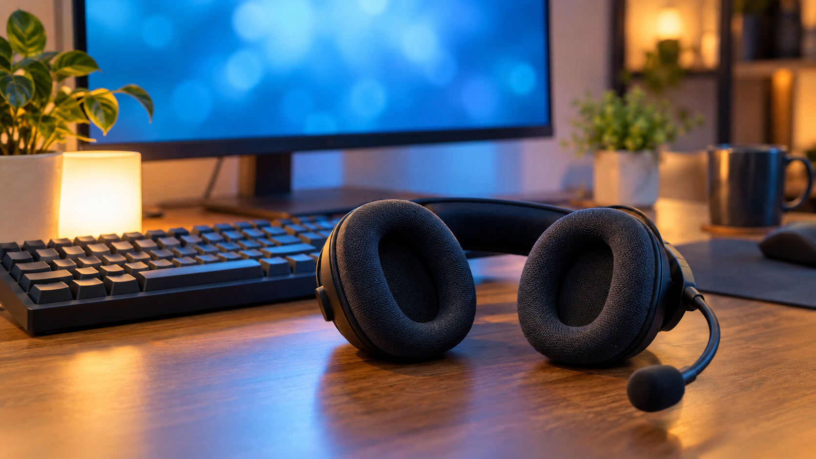 音声環境を整えて次のゲームに備えたデスク