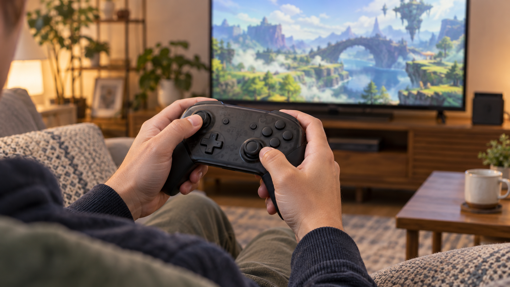 ソファでProコントローラーを使ってゲームを楽しむイメージ