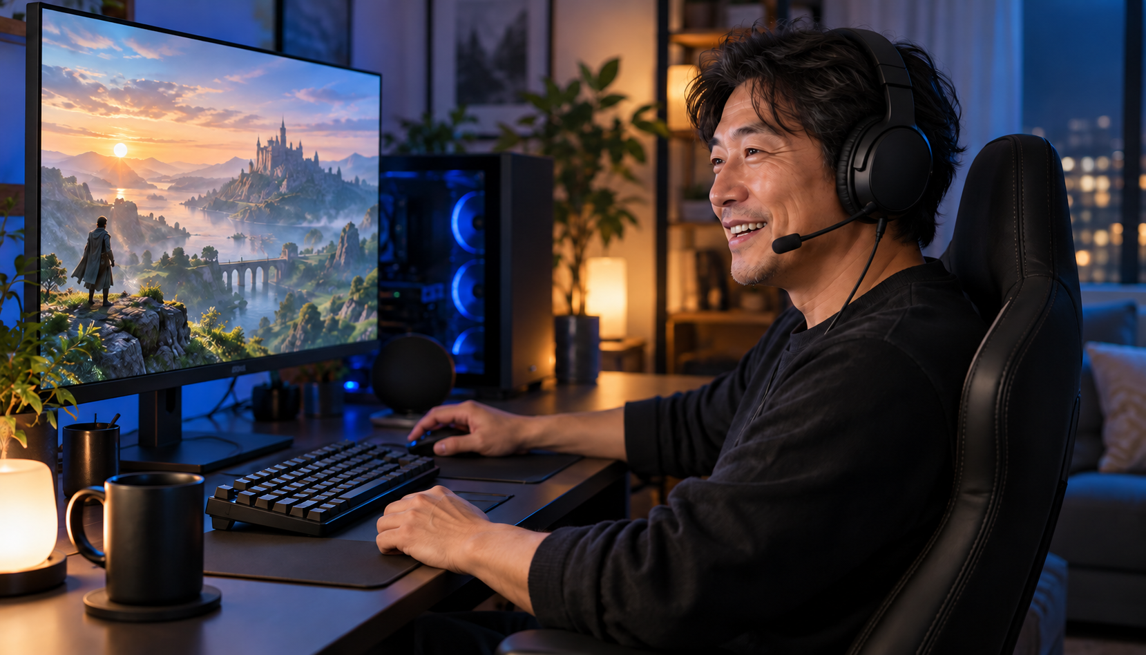 ヘッドセットを着けて普通の声でゲーム通話を楽しむプレイヤー