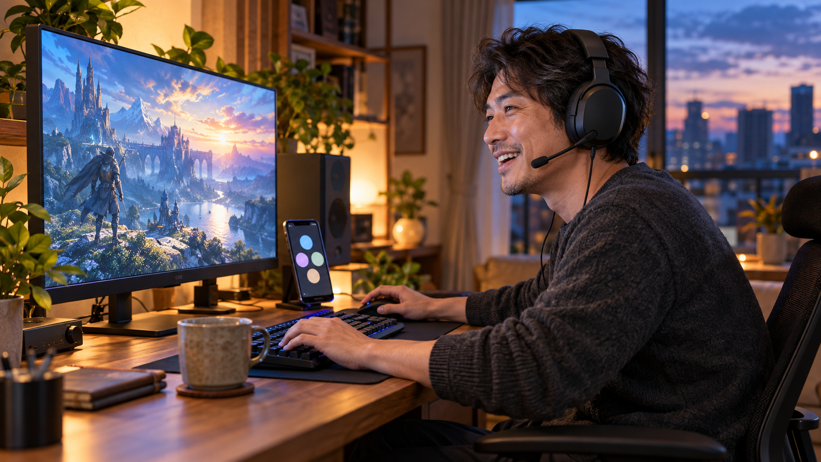 ゲーム音とスマホの通話を同じヘッドセットで楽しむプレイヤーのイメージ