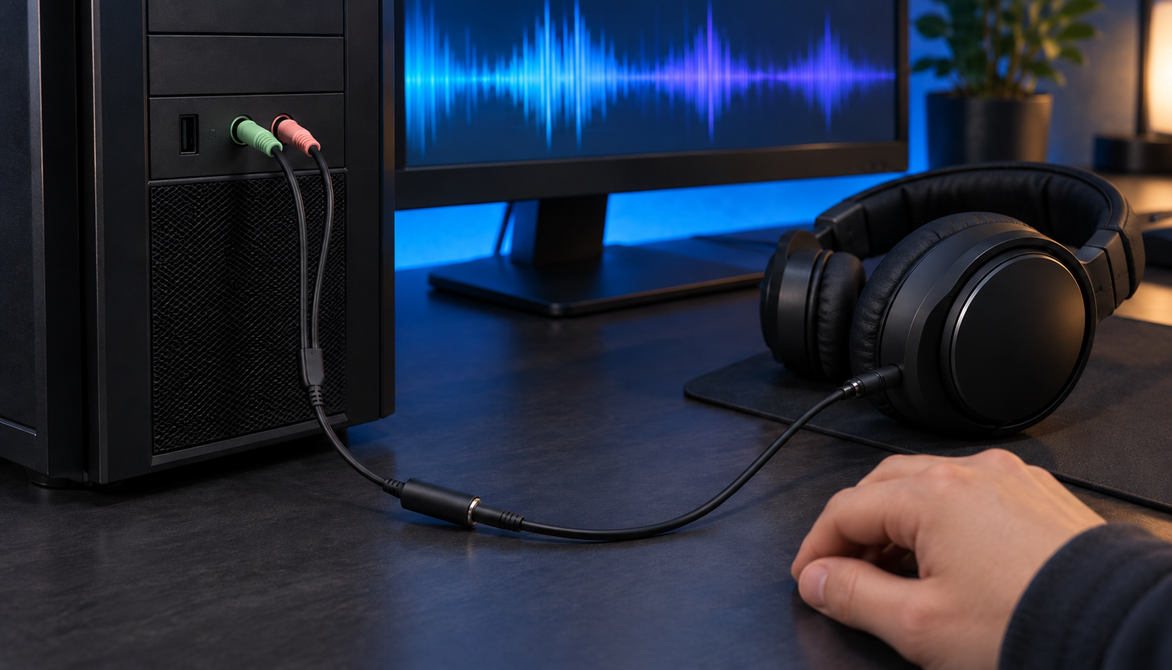 PCのヘッドホン出力とマイク入力に分岐ケーブルを接続する様子