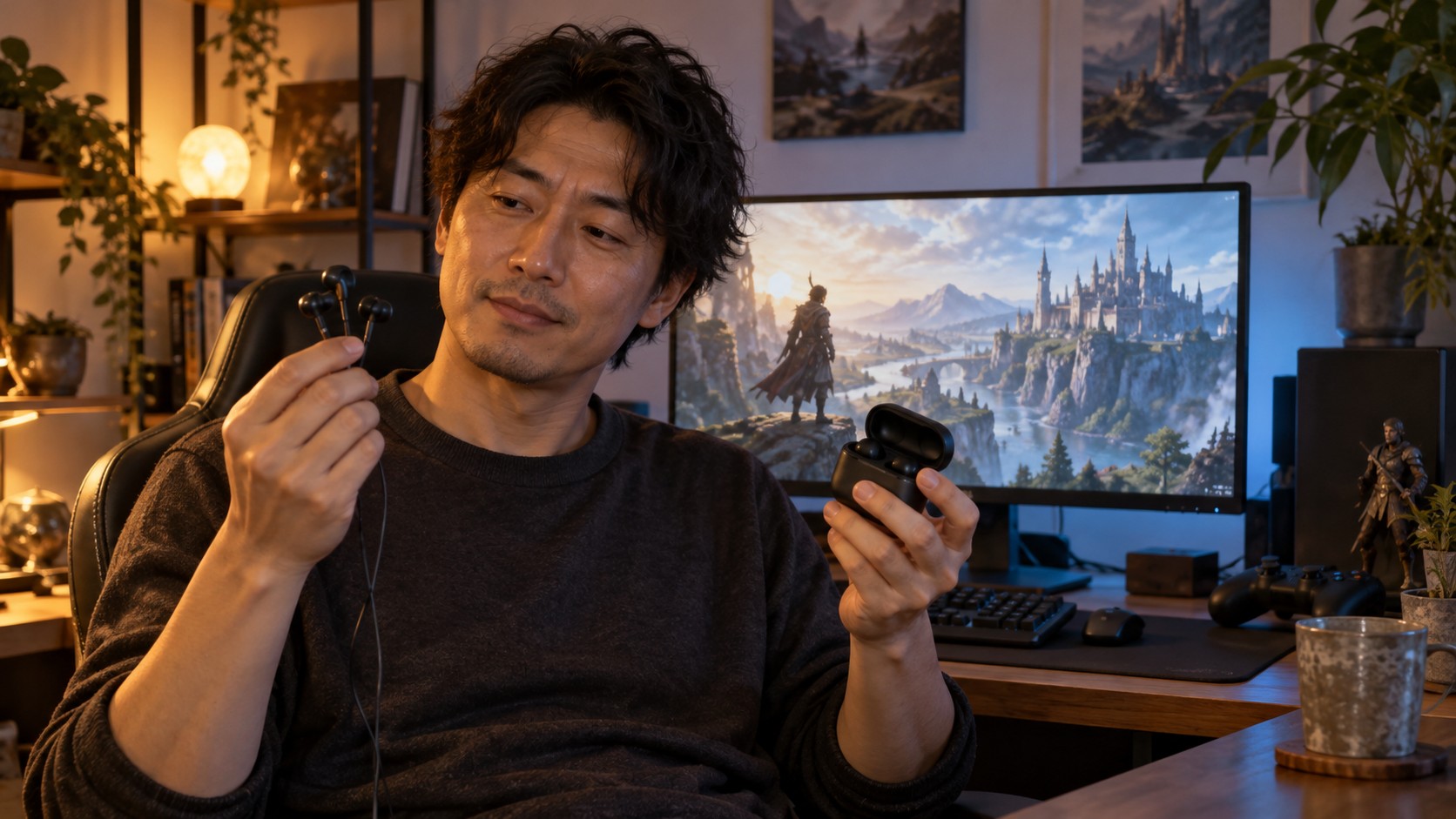ゲーム機とイヤホンの接続方法を確認する様子