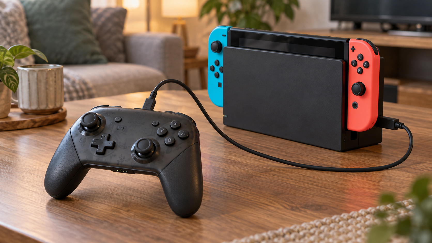Nintendo Switch本体とProコントローラーをUSBケーブルで接続するイメージ