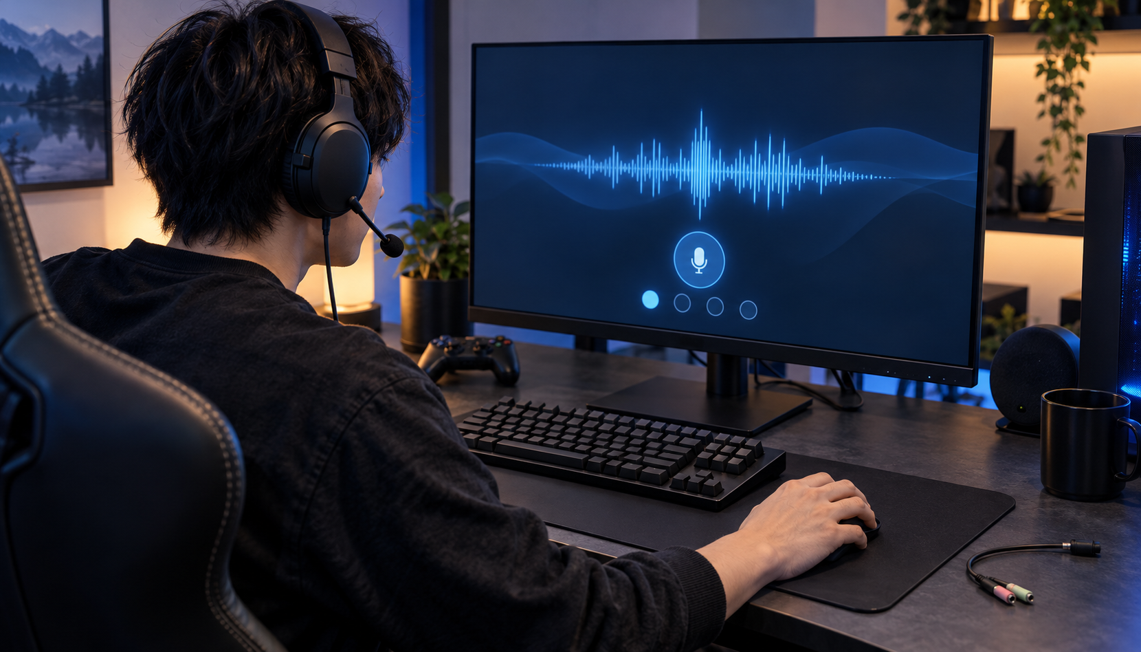 PCでマイクの録音波形を確認しながら接続と設定を一つずつ試す様子