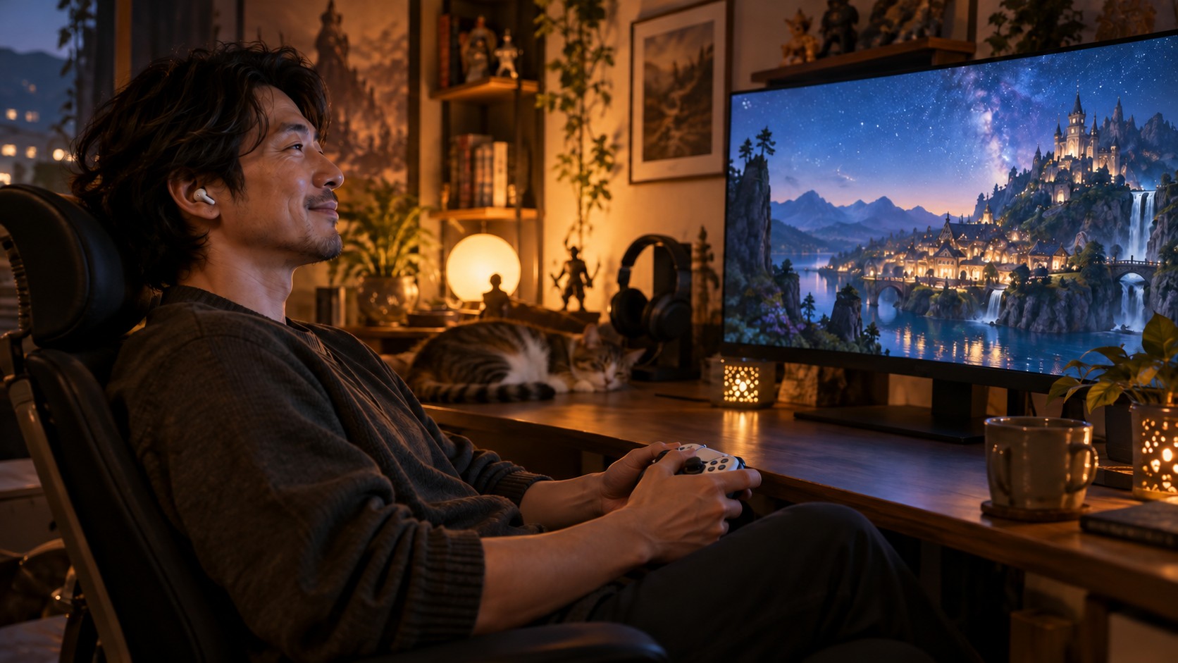 イヤホンを使ってRPGの冒険を楽しむ落ち着いたゲーム環境