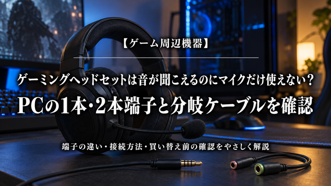 ゲーミングヘッドセットのマイクが使えない原因とPC端子・分岐ケーブルの確認を解説する記事のアイキャッチ