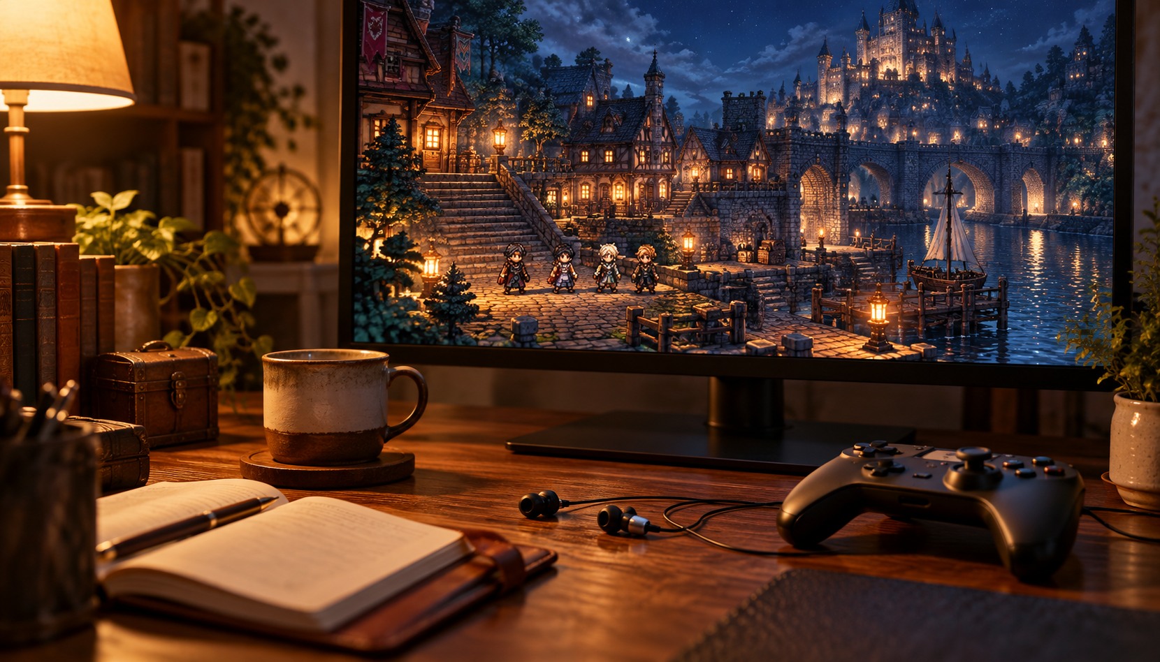 RPGの音楽を有線イヤホンで楽しむ落ち着いたゲーム環境のイメージ