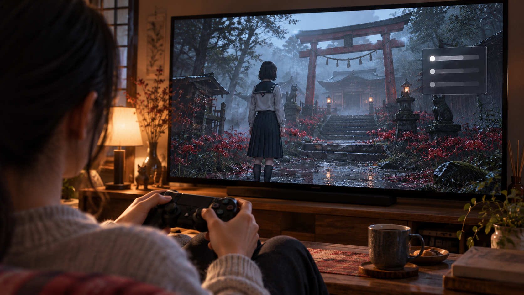 コントローラーを手に取り、霧の村を映すゲーム画面で難易度を確認するイメージ