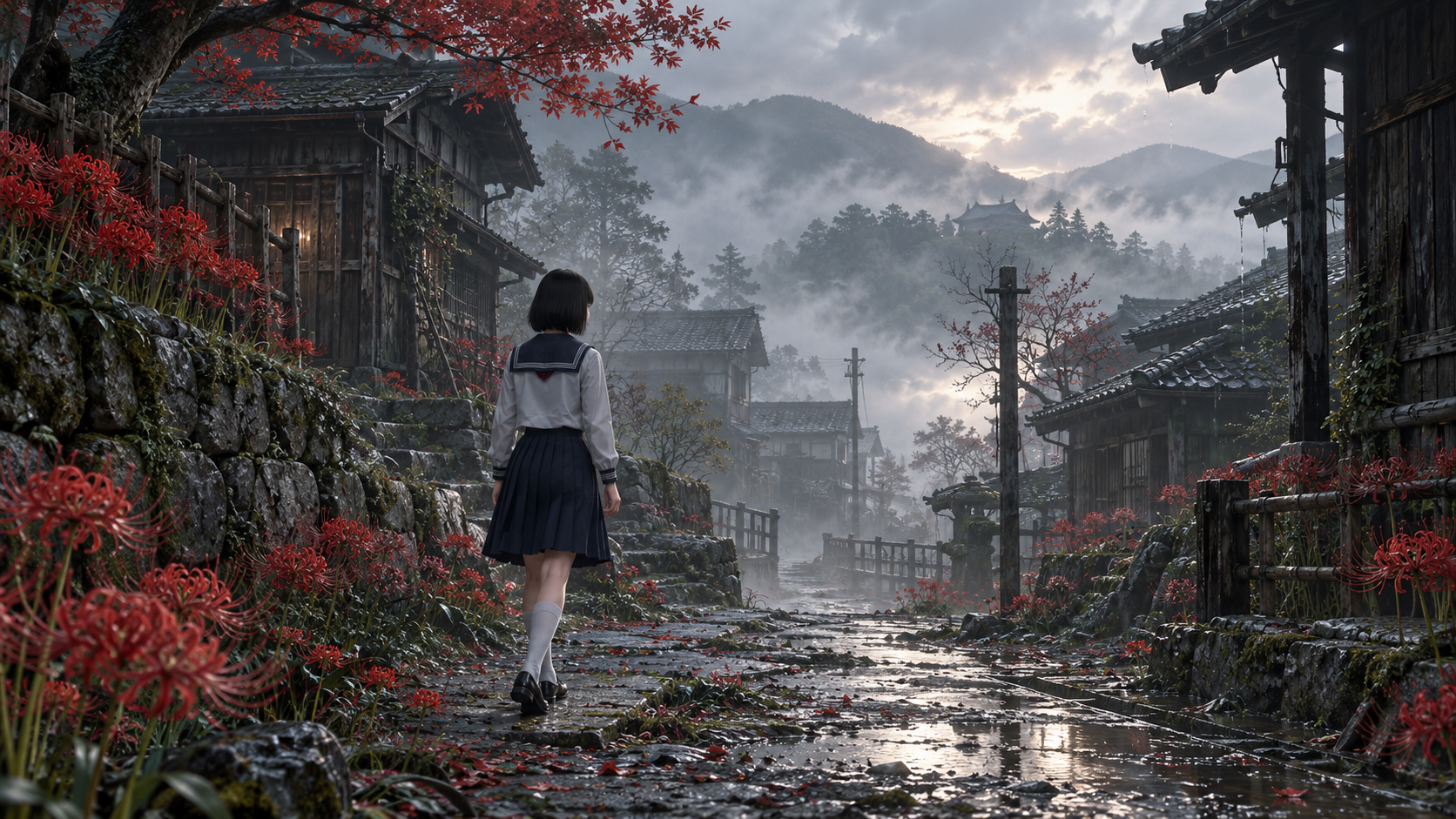 霧と彼岸花に包まれた日本の集落を、物語の続きを求めて歩く少女