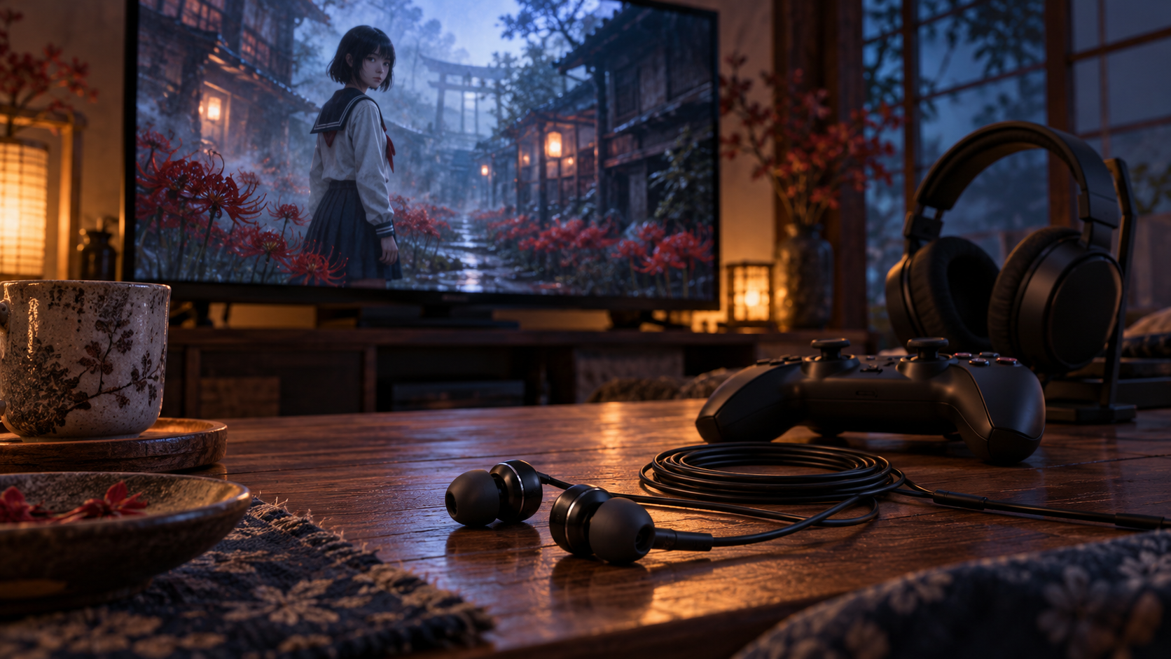 夜のゲーム環境で、有線イヤホンとヘッドセットの使い心地を比較するイメージ