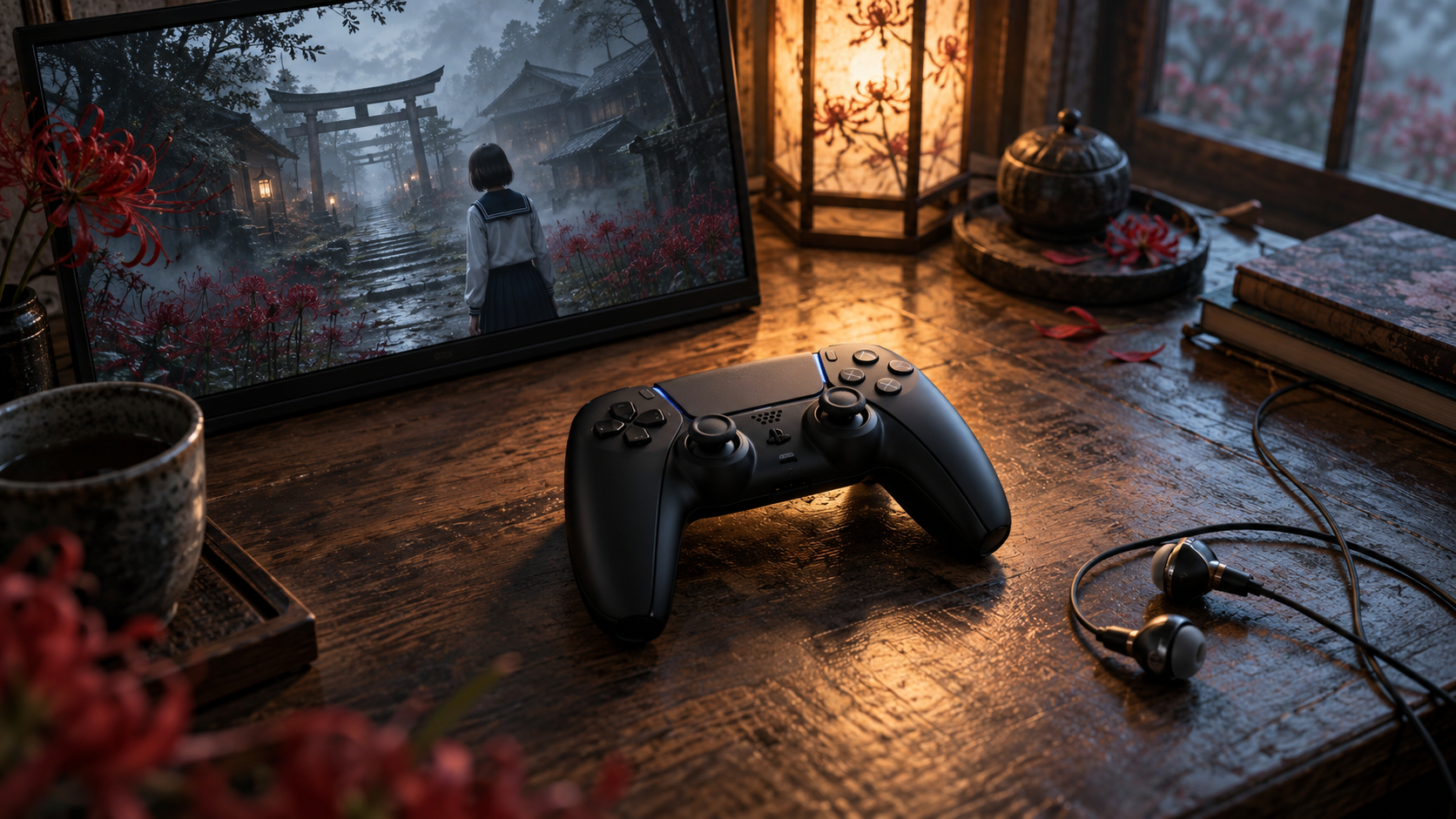 ゲーム画面とコントローラー、イヤホンを整えて再挑戦へ備えるイメージ