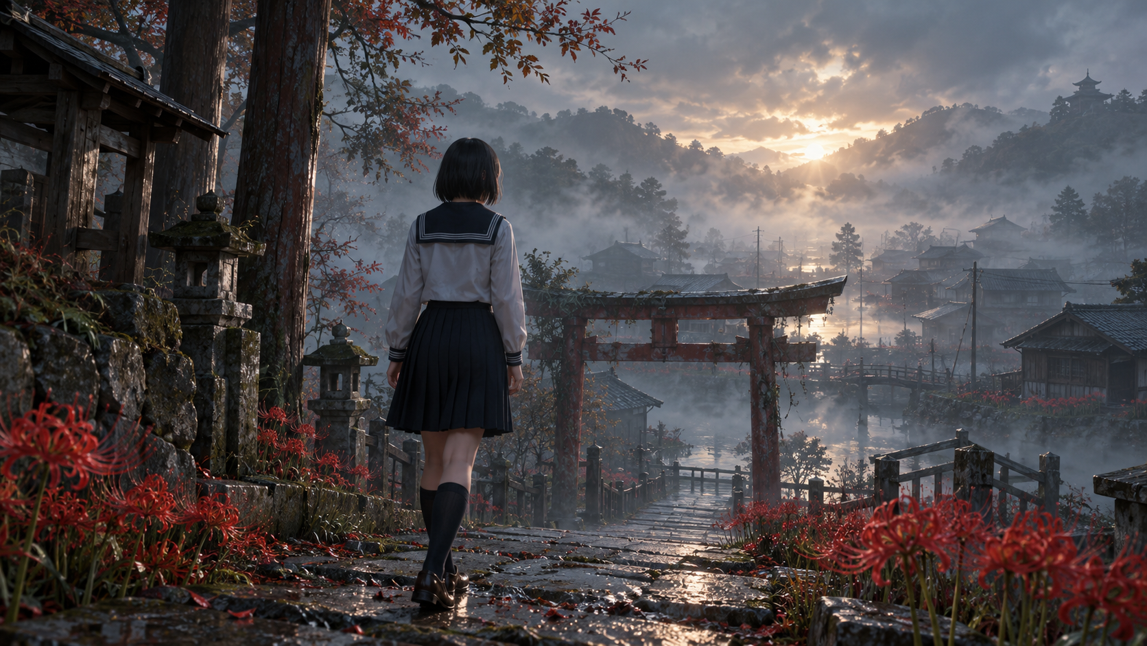 霧の向こうに光が差す道へ進み、物語の続きへ戻る少女